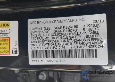 2018 Honda Accord Hybrid из США, поврежденный, VIN 1HGCV3F11JA010114